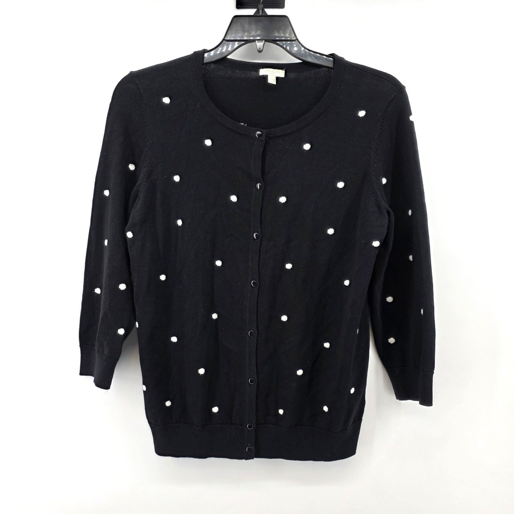 Talbots Black Polka Dot Cotton Cardigan Sweater 3/4 Sleeve Womens Medium